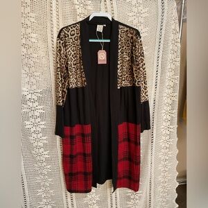 NWT Grace & Emma Long Cardigan Leopard Print Buffalo Plaid Medium Large